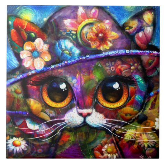Whimsical Big-Eye Kat Kitty mit Hut Floral Fliese (Vorderseite)