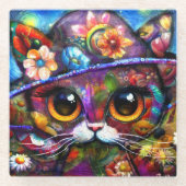 Whimsical Big-Eye Kat Kitty mit Hut Floral Glasuntersetzer (Vorderseite)