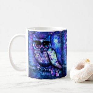 Whimsical Big Eye Owl Bird Blaue Lila Nacht Kaffeetasse