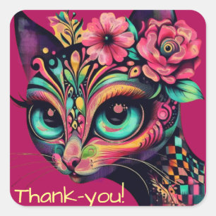 Whimsical Big Eye Retro Diva Kat Kitty Quadratischer Aufkleber
