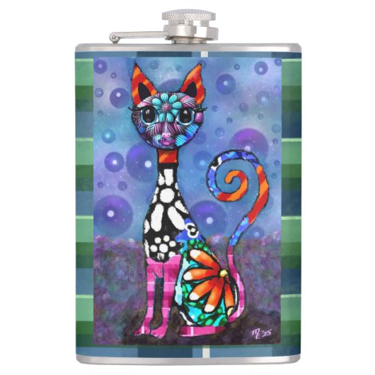 Whimsical Big-Eyed Funky Abstract Kitty Cat Flachmann (Vorderseite)