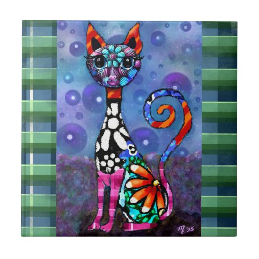 Whimsical Big-Eyed Funky Abstract Kitty Cat Fliese (Vorderseite)