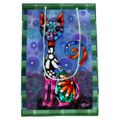 Whimsical Big-Eyed Funky Abstract Kitty Cat Mittlere Geschenktüte (Rückseite)