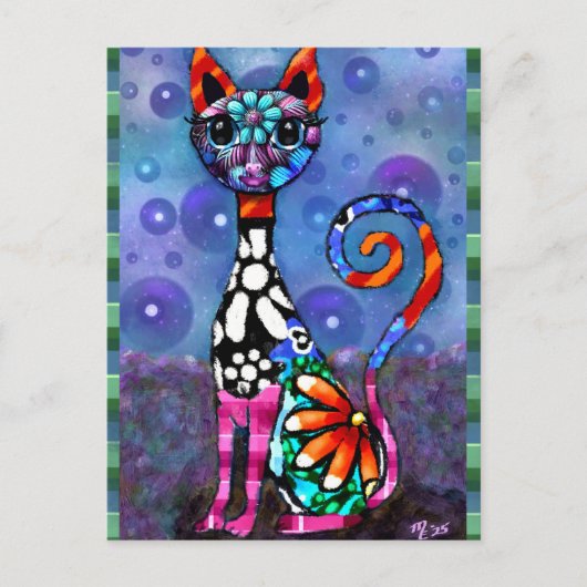 Whimsical Big-Eyed Funky Abstract Kitty Cat Postkarte (Vorderseite)