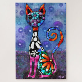 Whimsical Big-Eyed Funky Abstract Kitty Cat Puzzle