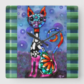 Whimsical Big-Eyed Funky Abstract Kitty Cat Quadratische Wanduhr (Vorderseite)