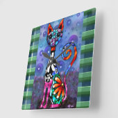 Whimsical Big-Eyed Funky Abstract Kitty Cat Quadratische Wanduhr (Winkel)