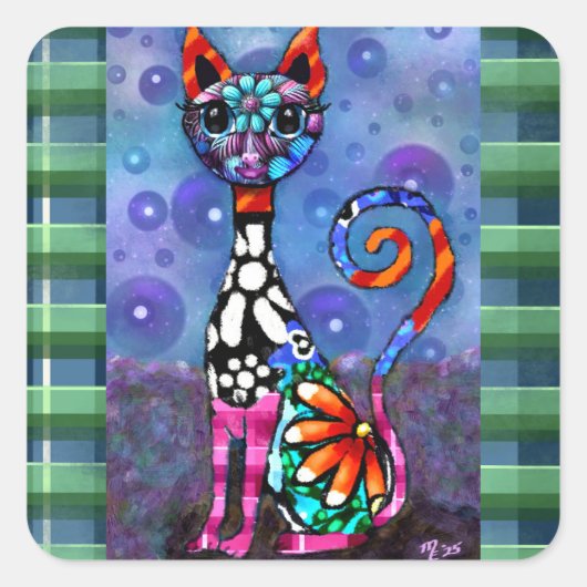 Whimsical Big-Eyed Funky Abstract Kitty Cat Quadratischer Aufkleber (Vorderseite)