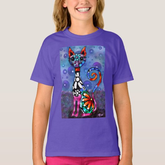 Whimsical Big-Eyed Funky Abstract Kitty Cat T-Shirt (Vorderseite)