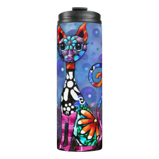 Whimsical Big-Eyed Funky Abstract Kitty Cat Thermosbecher (Vorderseite)