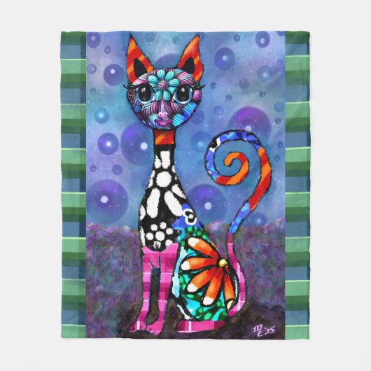 Whimsical Big-Eyed Funky Kitty Cat Abstract Fleecedecke (Vorderseite)