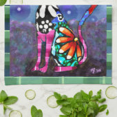 Whimsical Big-Eyed Funky Kitty Cat Abstract Geschirrtuch (Gefaltet)