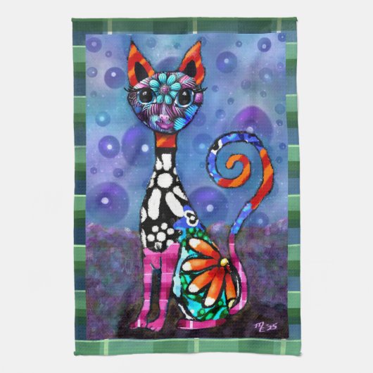 Whimsical Big-Eyed Funky Kitty Cat Abstract Geschirrtuch (Vertikal)