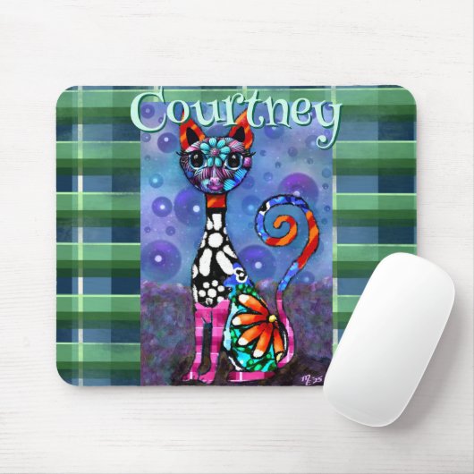 Whimsical Big-Eyed Funky Kitty Cat Personalized Mousepad (Mit Mouse)