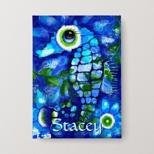 Whimsical Big-Eyes Seahorse Art Blue Personalized Button (Vorderseite)