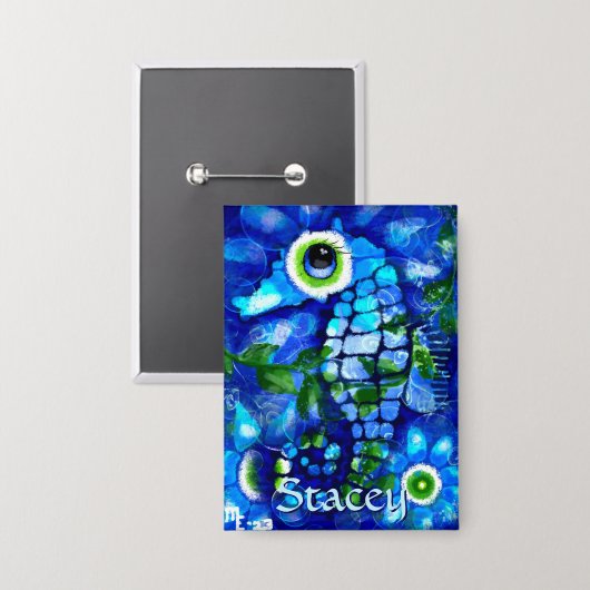 Whimsical Big-Eyes Seahorse Art Blue Personalized Button (Vorderseite/Rückseite)