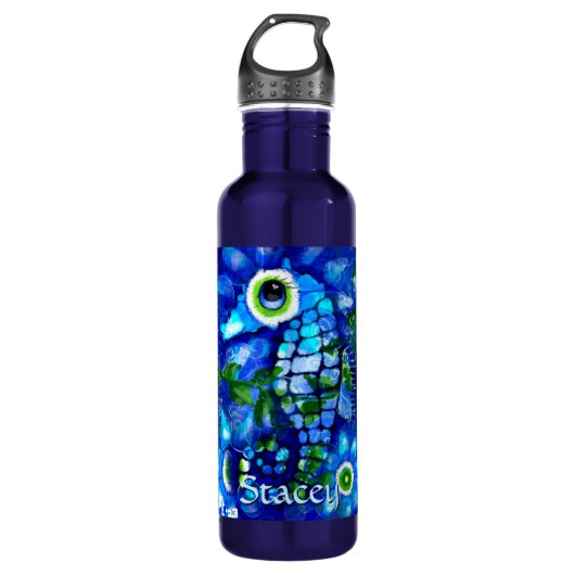 Whimsical Big-Eyes Seahorse Art Blue Personalized Edelstahlflasche (Vorderseite)