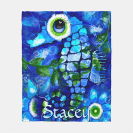 Whimsical Big-Eyes Seahorse Art Blue Personalized Fleecedecke