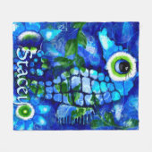 Whimsical Big-Eyes Seahorse Art Blue Personalized Fleecedecke (Vorderseite (Horizontal))