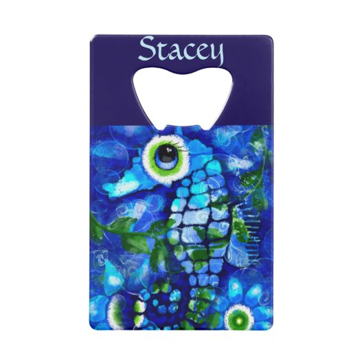 Whimsical Big-Eyes Seahorse Art Blue Personalized Geldbeutel Flaschenöffner (Vorderseite)