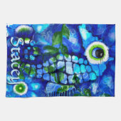 Whimsical Big-Eyes Seahorse Art Blue Personalized Geschirrtuch (Horizontal)
