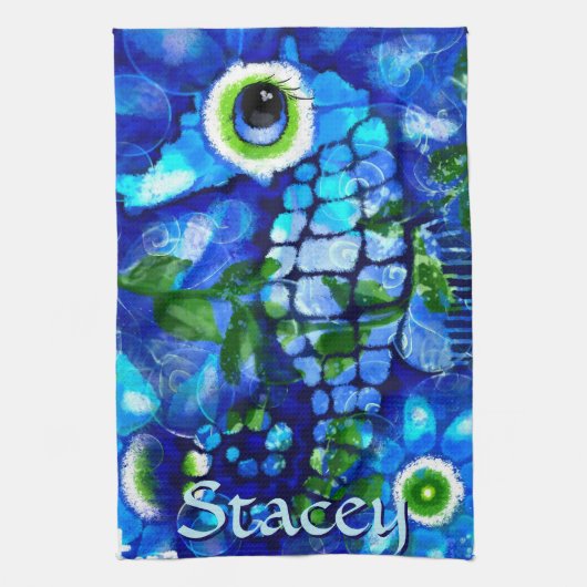 Whimsical Big-Eyes Seahorse Art Blue Personalized Geschirrtuch (Vertikal)