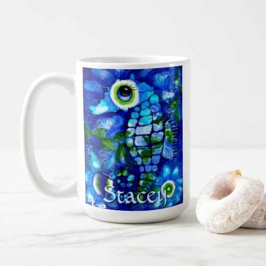 Whimsical Big-Eyes Seahorse Art Blue Personalized Kaffeetasse (Mit Donut)