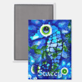 Whimsical Big-Eyes Seahorse Art Blue Personalized Magnet (Vorderseite/Rückseite)