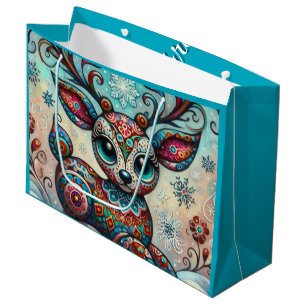 Whimsical Big Eyes Weihnachts Rentier Folklorekuns Große Geschenktüte