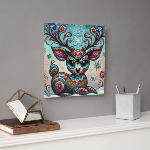 Whimsical Big Eyes Weihnachts Rentier Folklorekuns Quadratische Wanduhr