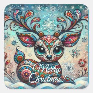 Whimsical Big Eyes Weihnachts Rentier Folklorekuns Quadratischer Aufkleber