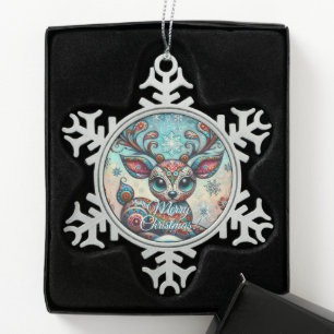 Whimsical Big Eyes Weihnachts Rentier Folklorekuns Schneeflocken Zinn-Ornament