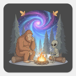 Whimsical Bigfoot und Alien Lagerfeuer Galaxie Quadratischer Aufkleber
