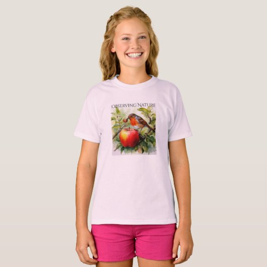 Whimsical Bird & Apple Delight T-Shirt (Vorne ganz)