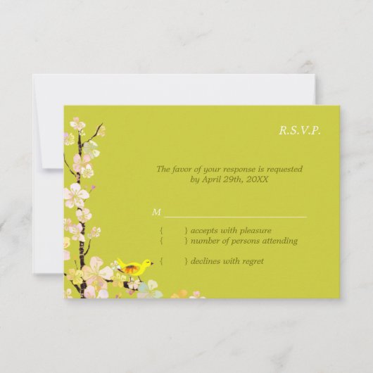 Whimsical Bird Apple Green Wedding RSVP Karte (Vorderseite)