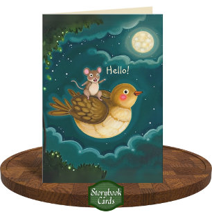Whimsical Bird Mouse Night Sky Moon Freundschaft Karte