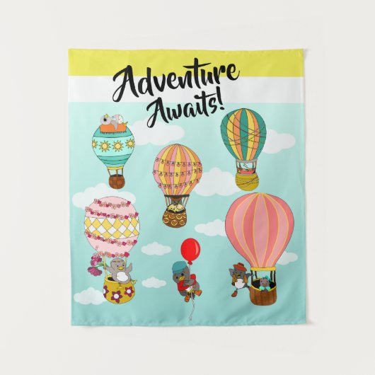 Whimsical Birds Hot Air Balloons Adventure erwarte Wandteppich (Vorderseite)