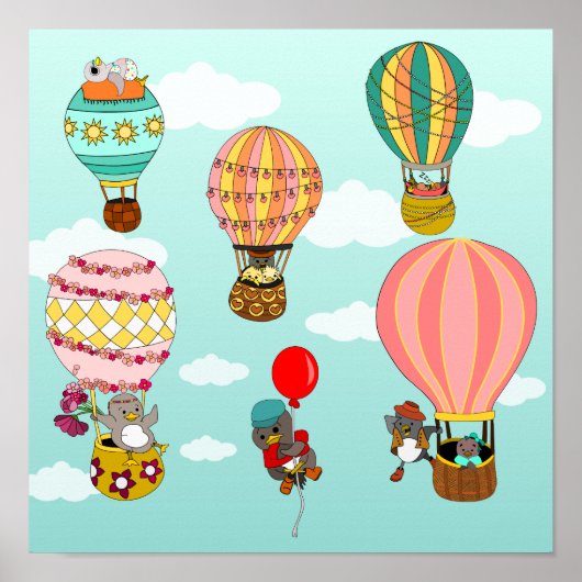 Whimsical Birds in Hot Air Balloons Illustration Poster (Vorne)