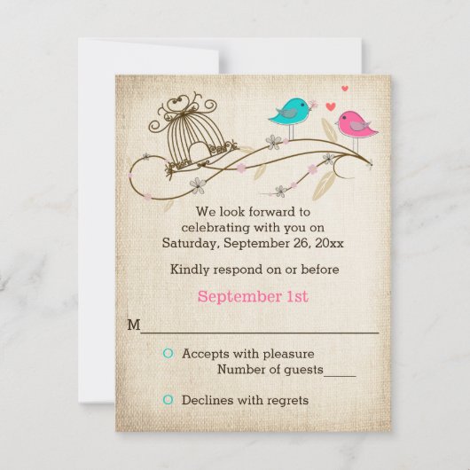 Whimsical Birds in Liebe Wedding RSVP Card Einladung (Vorderseite)