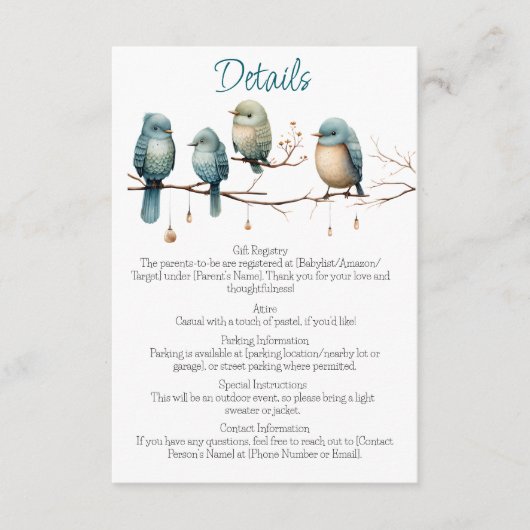 Whimsical Birds on Branches Pastel Baby Shower Begleitkarte (Vorderseite)
