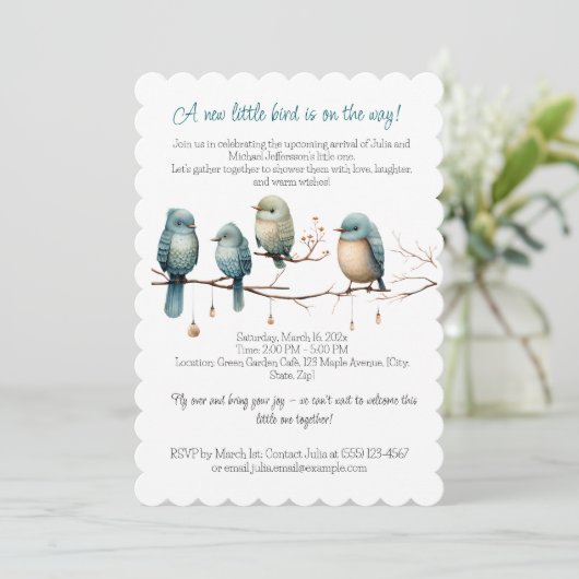 Whimsical Birds on Branches Pastel Baby Shower Einladung (Stehend Vorderseite)