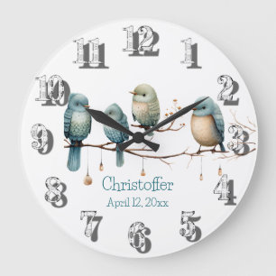 Whimsical Birds on Branches Pastel Baby Shower Große Wanduhr