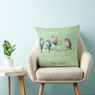 Whimsical Birds on Branches Pastel Baby Shower Kissen