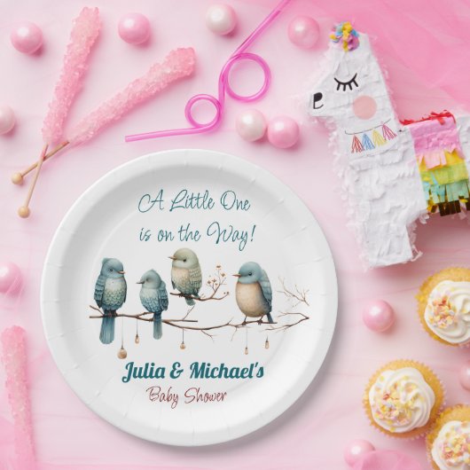 Whimsical Birds on Branches Pastel Baby Shower Pappteller (Party)