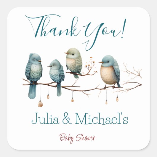 Whimsical Birds on Branches Pastel Baby Shower Quadratischer Aufkleber (Vorderseite)