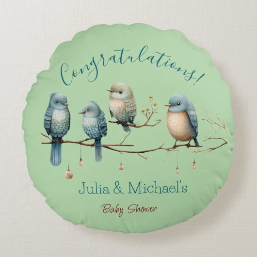 Whimsical Birds on Branches Pastel Baby Shower Rundes Kissen (Vorderseite)
