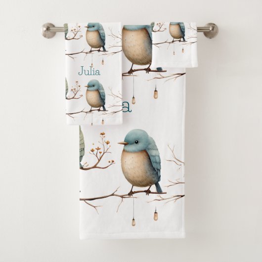 Whimsical Birds on Branches Zeitlose Eleganz Badhandtuch Set (Insitu)