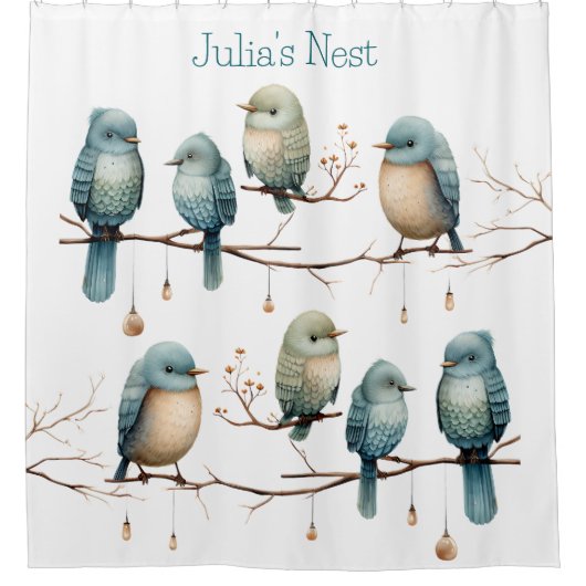 Whimsical Birds on Branches Zeitlose Eleganz Duschvorhang (Vorderseite)