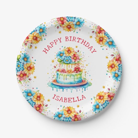 Whimsical Birthday Cake Illustration Personalisier Pappteller (Vorderseite)