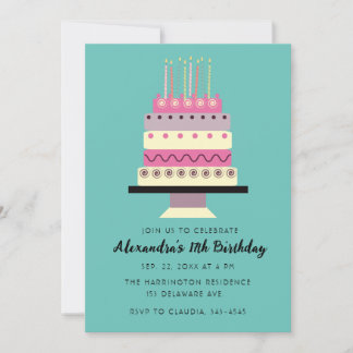 Whimsical Birthday Cake Retro Pink Aquamarine Einl Einladung